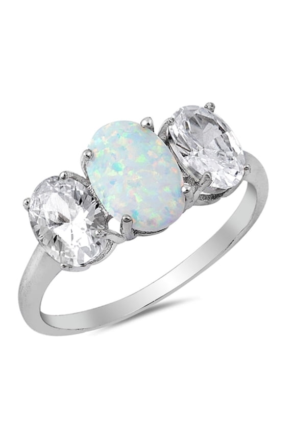 White Simulated Oval Opal Cented Sided With Two Oval Shape Cubic Zirconia Stones Ring Sterling Silver