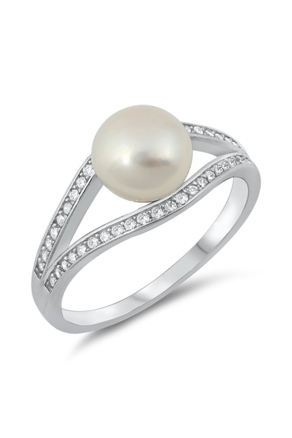 White Simulated Pearl Bead Cubic Zirconia Split Shank Ring Sterling Silver Size 8