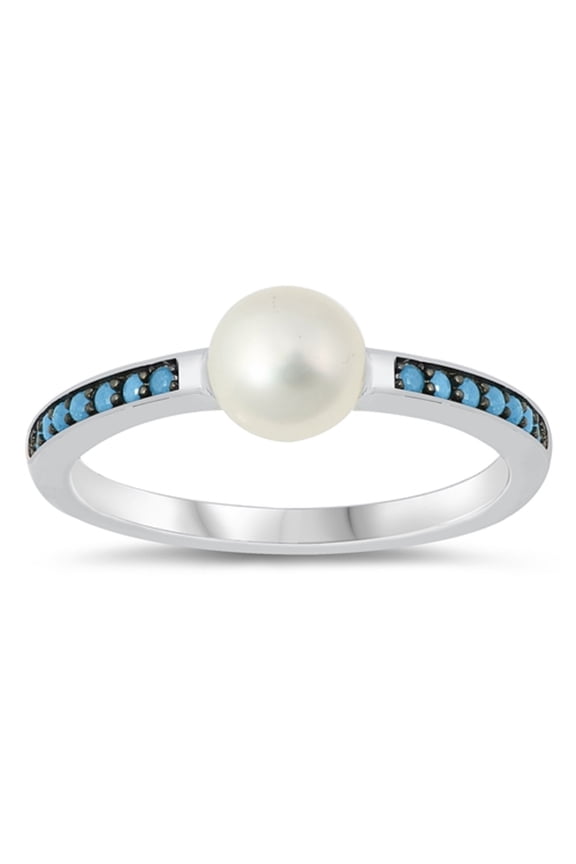 White Simulated Pearl Bead Simulated Turquoise Sides Ring Sterling Silver Size 6