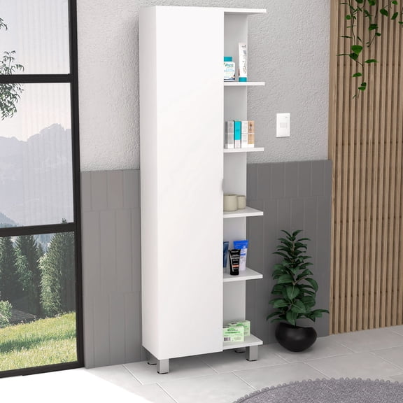 White Single Door Cabinet, Four Open & Adjustable Shelves - Storage in Limited Spaces