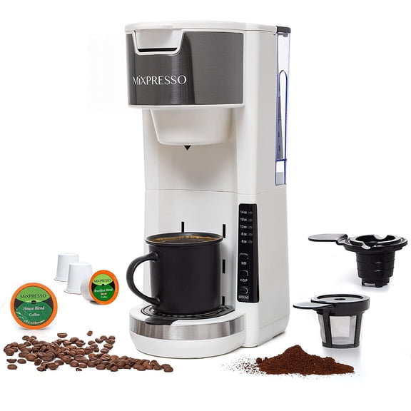 White Single Serve Coffee Maker for K-Cup Pods and Ground Coffee, 30 oz, 5 Brew Sizes Up to 14 oz, Adjustable Drip Tray