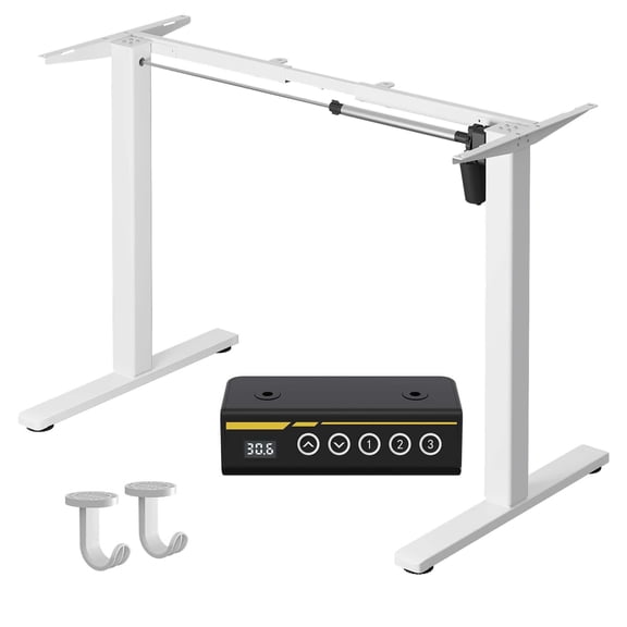 White Single-motor electric standing desk frame, suitable for home and office, adjustable height and length, built-in powerful 154-lb motors with 3 height memory setting