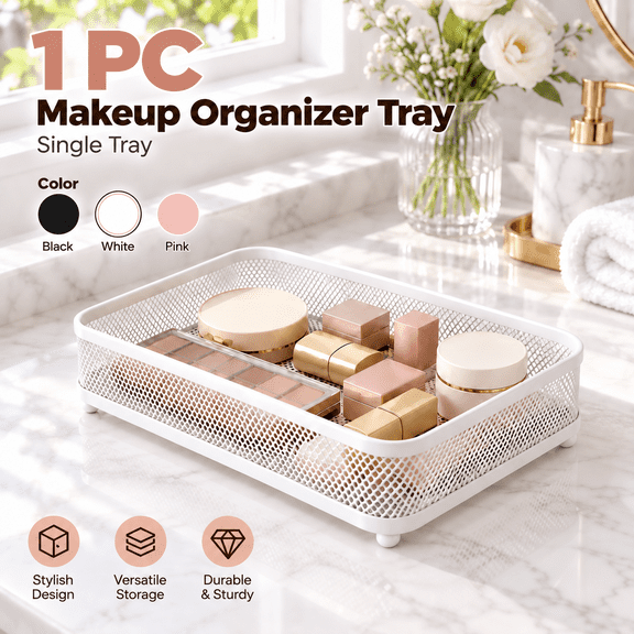 1 Pack White Metal Mesh Vanity Tray, Rectangular Countertop Makeup Organizer Tray with Non-Slip Feet, Open Storage Tray for Bathroom Dresser Cosmetics, Perfume, Skincare