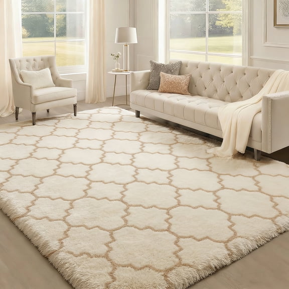 Pentantan Shag Area Rug, 8ft x 10ft Geometric Soft Fluffy Rugs for Living Room Bedroom Indoor Carpet, White & Gold