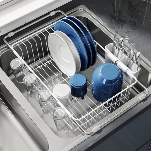 White in Sink Dish Drying Rack, Expandable Stainless Steel Small Dish Rack Over Kitchen Sink, Plate Drainer Strainer with Utensil Holder & Cup Holders, Counter Space Saving Wire Dryer Rack