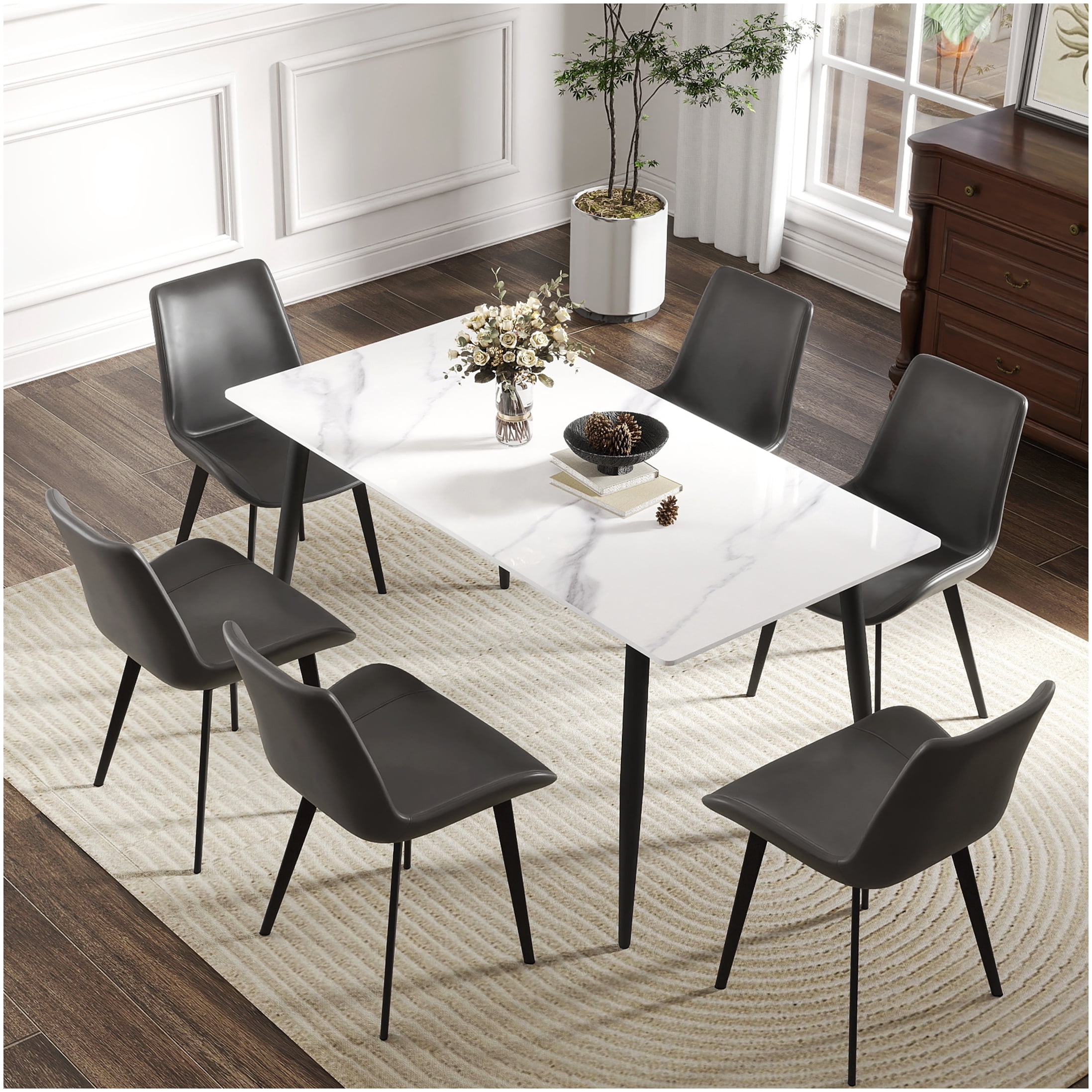 White Sintered Stone Dining Table with Black Metal Base, Modern ...