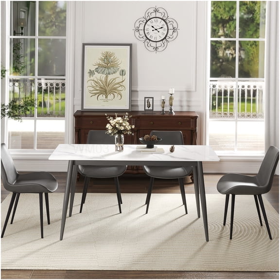 White Sintered Stone Dining Table with Dark Gray Legs, Modern Rectangular Table for 6-Person Dining