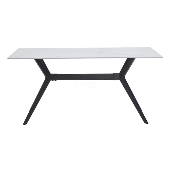 White Sintered Stone Dining Table with Marble Look Top and Black Metal Legs, Modern Kitchen Table for 6 Seats