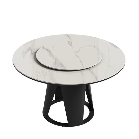White Sintered Stone Round Dining Table with Lazy Susan, 59 Inch Modern Table for 8 with Metal Pedestal