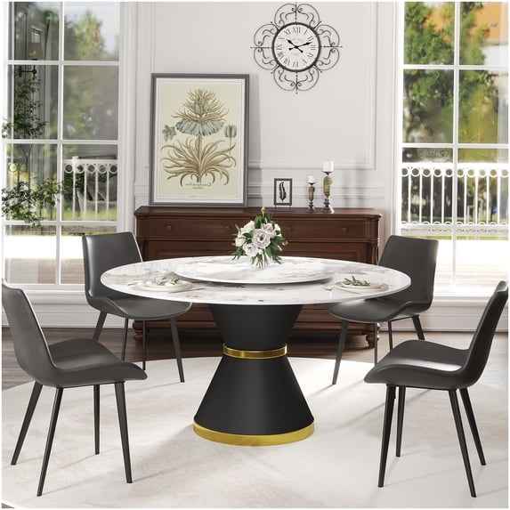 White Sintered Stone Round Dining Table with Lazy Susan, 59-inch Modern ...