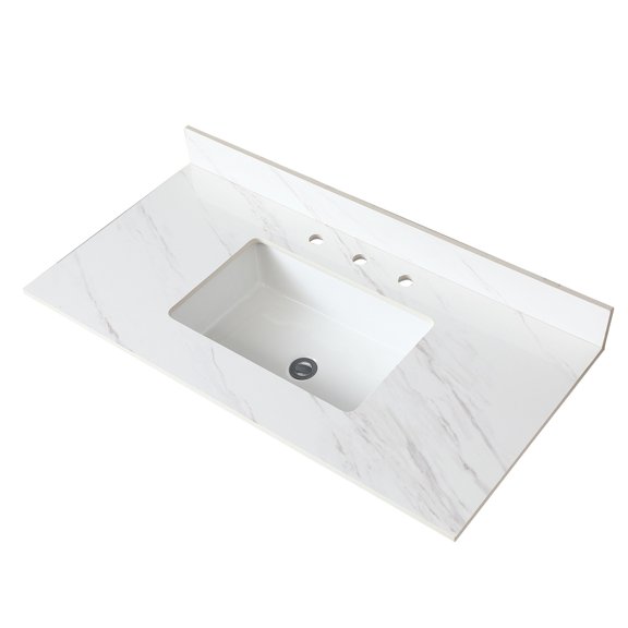 White Sintered Stone Vanity - Safety Overflow Hole - Bathroom Use - Water Overflow Prevention