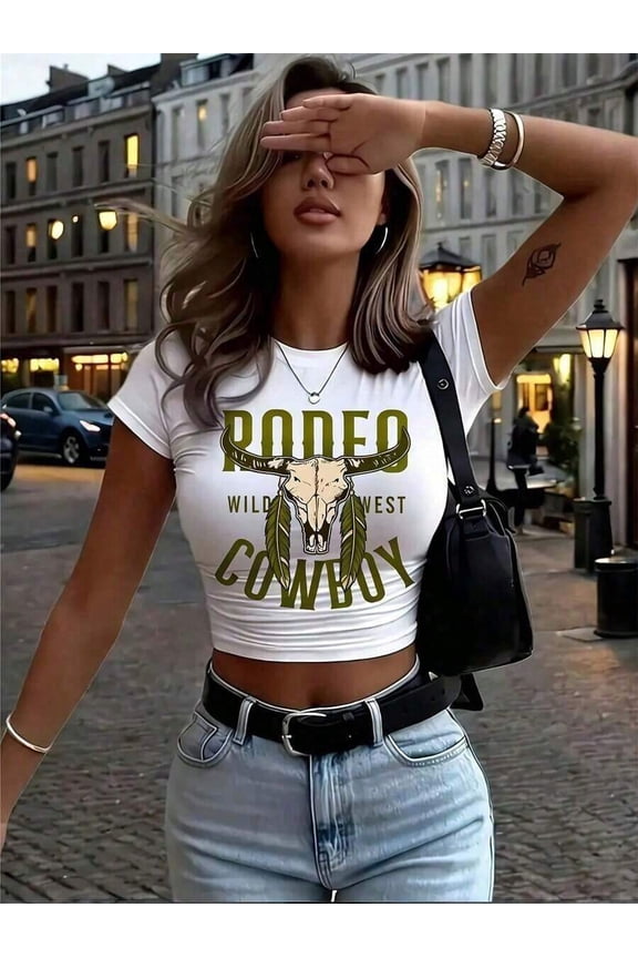 White Six Womens Fitted Cropped Short Sleeve Graphic Tee With Rodeo Cowboy Wild West Bull Skull Print