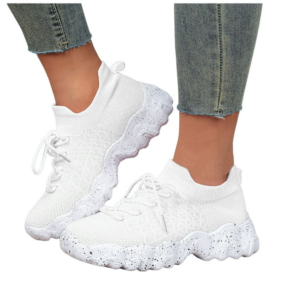 Women's Walking Shoes Slip On Sneakers Non Slip Gym Workout Mesh Casual Sock Trainers Breathable Lace Up Tennis Shoes White Size 10.5