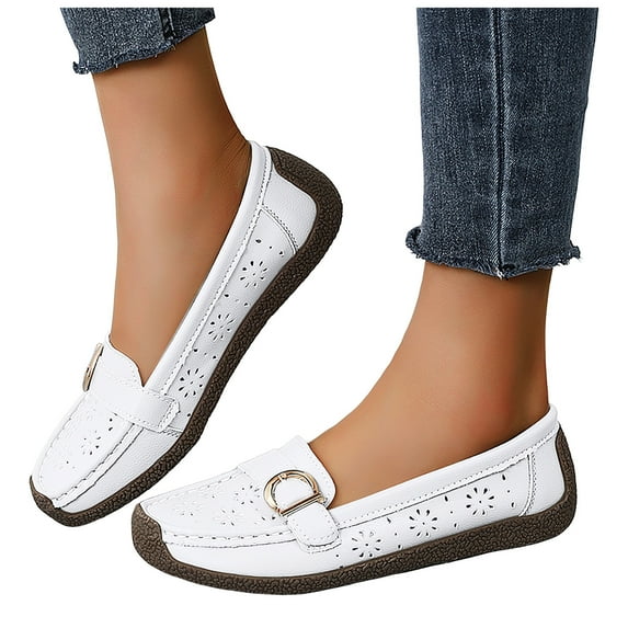 Loafers for Women Classic Leather Square Toe Casual Slip On Flat Dress Shoes Comfortable Hollow Out Soft Sole Walking Shoes White Size 8.5