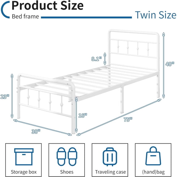 White Size Twin Bed Frame with Headboard and Footboard, 16 Inch No Box Spring Needed Heavy Duty Classic Metal Platform Victorian Style Iron-Art Mattress Foundation