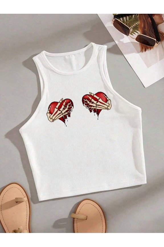 White Skeleton Hand Heart Graphic Crop Tank Top, Womens Sleeveless Ribbed Fitted Summer Top