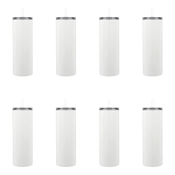 White Skinny Sublimation Tumbler with Straw by Make Market 18.5oz Stainless Steel Drinkware for Custom Heat Transfer - Slim Design - Hand Wash Only - 8 Pack