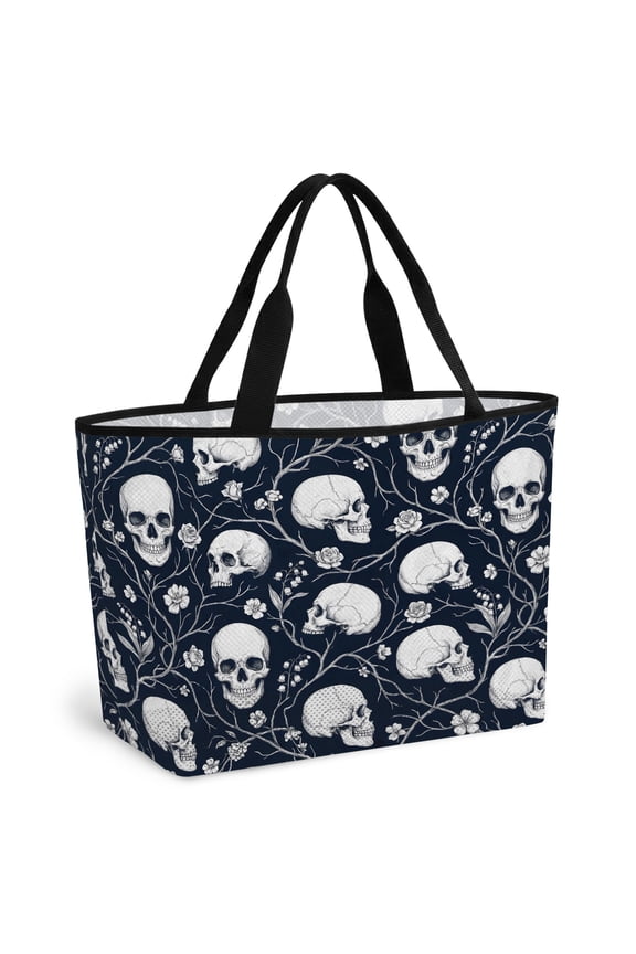 White Skull Beach Bag for Women, Large Breathable Mesh Beach Tote Bag, Horror Skeleton Abstract Vintage Scary Sandproof Lightweight Travel Bags for Vacation Picnic Swimming Pool 15.7"x15.7"x9.1"