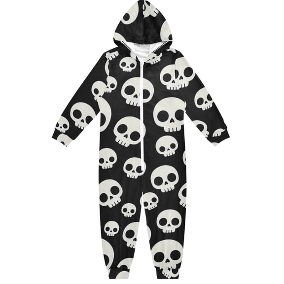 White Skull Boys & Girls Hooded One-Piece Pajamas Warm Crystal velvet Hooded Long Sleeve Loungewear Jumpsuit Unisex