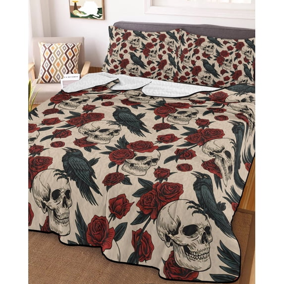 White Skull Halloween Full Size Down Alternative Comforter, Lightweight Comforter Quilt Bedding Set with Pillow Shams Red Roses Birds Vintage Skeleton All Seasons Bed Comforter Duvet Insert 78"x90"