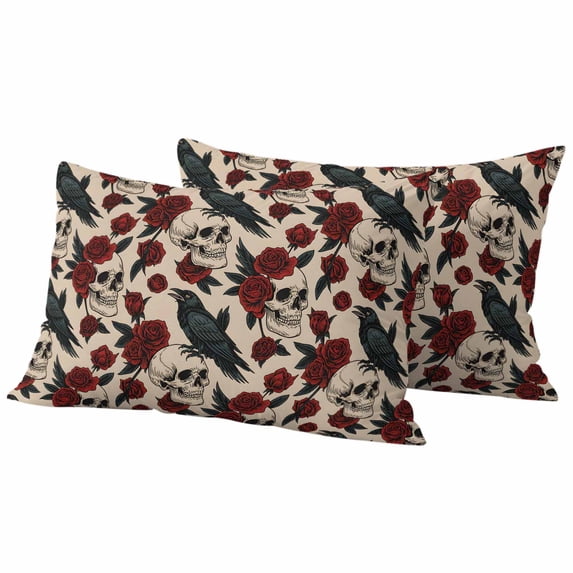 White Skull Halloween Outdoor Waterproof Pillow Covers, Red Roses Birds Vintage Skeleton Decorative Rectangle Throw Pillowcase Sofa Cushion Sham for Patio/Couch/Chair, 20"x12" 2 Pack
