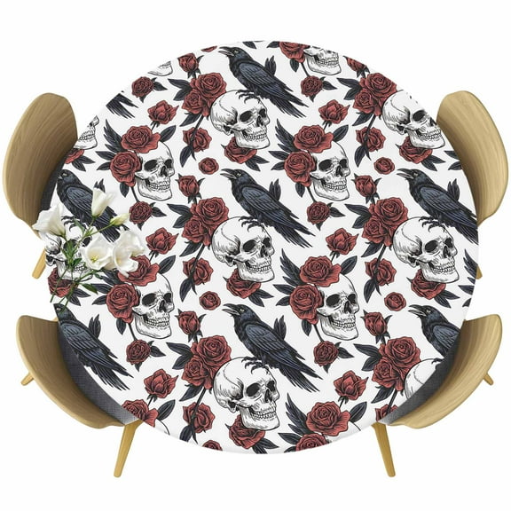 White Skull Halloween Round Tablecloth 55-60 Inch Round Fitted Table Cloth with Elastic Edge, Red Roses Birds Vintage Waterproof Table Cover Protector for Outdoor Picnic Party Dining