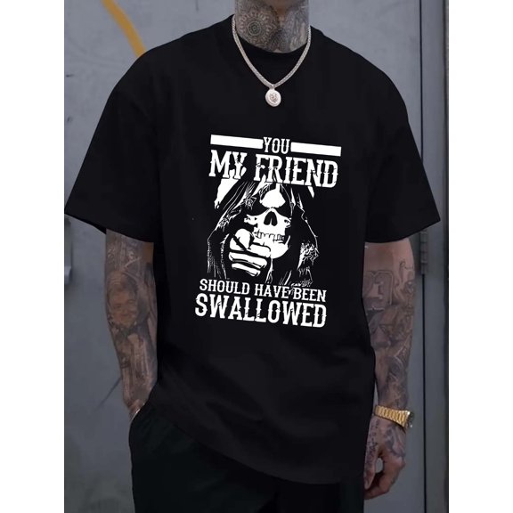 White Skull and Humorous Slogan Black T-shirt - 'You Are My Friend and Should Be Swallowed Up' Unique Design, Showcasing Personality and Humor - Suitable for Tattooed Men, Simple Gray Background