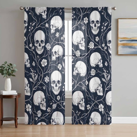White Skull Sheer Curtains 96 Inch Length 2 Panels Set, Horror Skeleton Abstract Vintage Scary Voile Window Treatment Semi Sheer Long Curtains Drapes for Bedroom/Living Room/Kitchen 52"x96"x2
