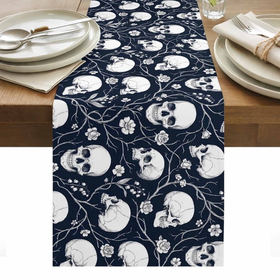 White Skull Table Runner Horror Skeleton Abstract Vintage Scary Tablerunners 13 x 36 Inch, Table Decorations Tabletop Scarf for Summer Gathering Holiday Farmhouse Kitchen Dining Decor