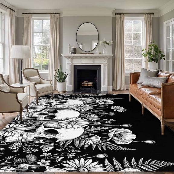 White Skulls 8'x10' Large Area Rugs Abstract Art Dark Wildflower Rustic Plants Farmhouse Washable Area Rugs Non-Slip Indoor Floor Mats Large Carpet for Living Room Bedroom Dining Room