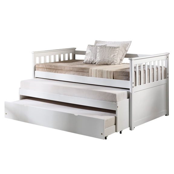 White Slatted Armrest Twin Daybed With Foldout Roll-out Unit - Foldable Bed Option Solid Wood & Comfortable