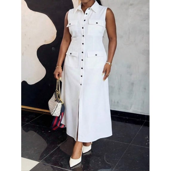 White Sleeveless Collared Shirt Dress With Front Buttons And Pockets, A-Line Maxi Style