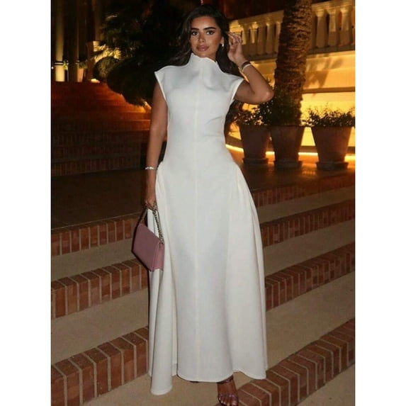 White Sleeveless High-Neck Fitted Pleated Maxi Dress For Women