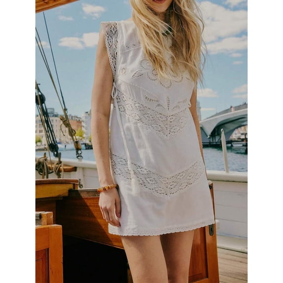 White Sleeveless Lace-Embroidered Mini Sundress With Tie-Side Detail Boho Flowy Babydoll Dress