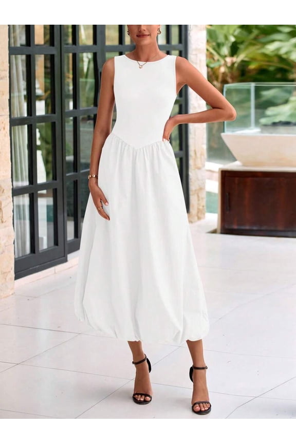 White Sleeveless Midi Dress With Bubble Skirt Flowy Casual Summer Sundress