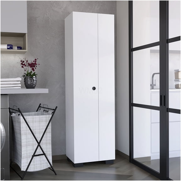 White Slim Broom Cabinet with Doors and Shelves, Freestanding Storage Organizer for Brooms, Mops, and Cleaning Supplies
