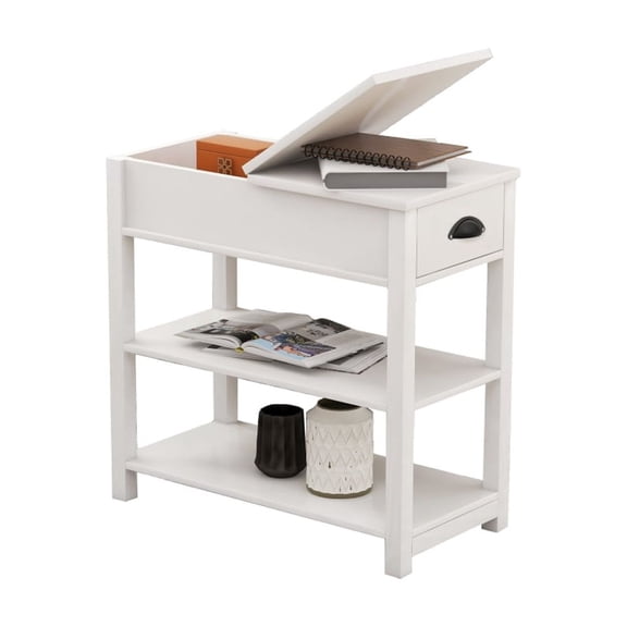 White Slim End Table, MDF Narrow Side Table with Open Storage Shelf for Small Spaces