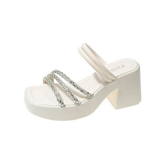 White Slippers For Womens Rhinestone Square Toe Open Toe Design Thick Sole Block Heel For Casual Wear And Everyday Use In Spring Summer Seasons Size 37