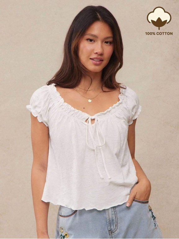 White Slub Knit Cotton V-Neck Short Puff Sleeve Tie-Front Swing Top