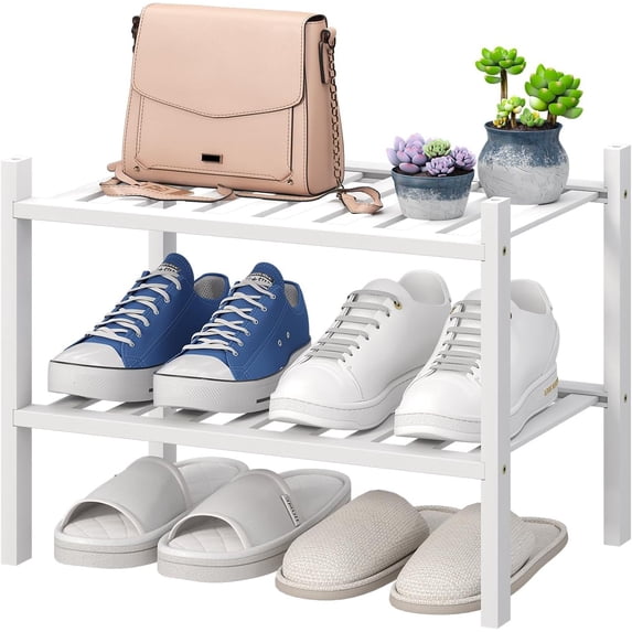 Shoe Rack Little White Small 2-Tier Bamboo Shoe Rack Organizer for Entryway, Hallway ...