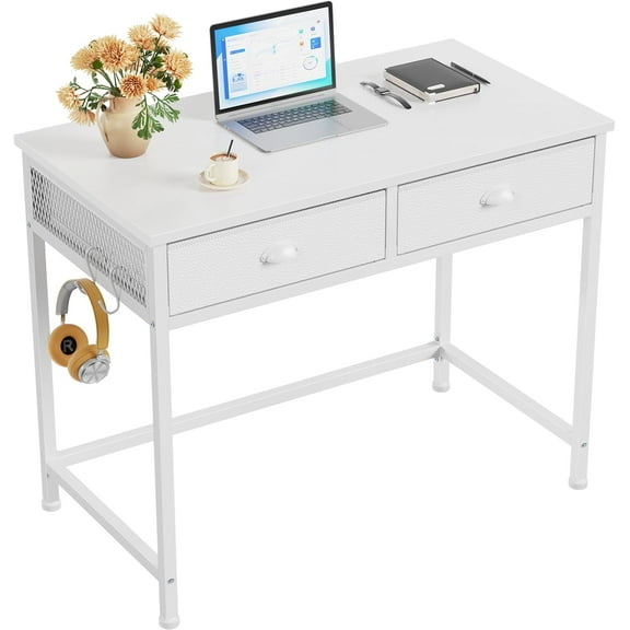White Small Computer Desk with 2 Fabric Drawers for Bedroom,34 Inch Simple Home Office Writing Desk, Vanity Desk with Hooks, Study Table for Adults Student Small Spaces