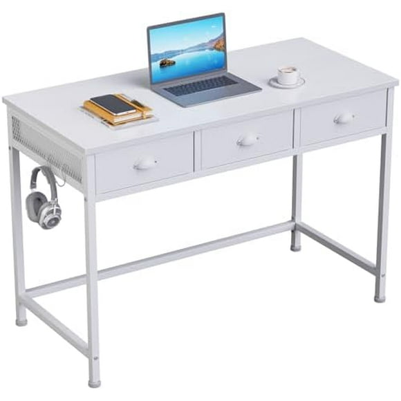 White Small Computer Desk with 2 Fabric Drawers for Bedroom,34 Inch Simple Home Office Writing Desk, Vanity Desk with Hooks, Study Table for Adults Student Small Spaces