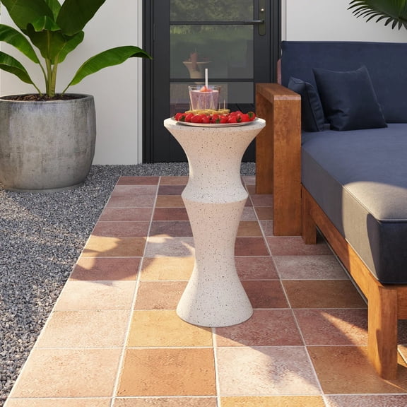 White Small Pillar Side Table, MgO Composite Tall Pedestal End Table, WeatherResistant Outdoor Patio Accent Table for Garden, Backyard, Porch, Living Room