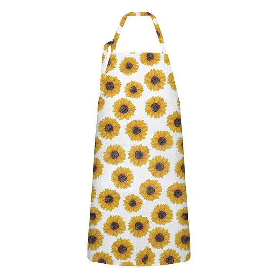 White Small Sunflower Pattern Apron-Garden Aprons for Women with Pockets-Cotton Linen Waterproof Kitchen Cooking Gardening Aprons Adjustable for Kitchen,Cooking,BBQ and Salon 33x27 Inch