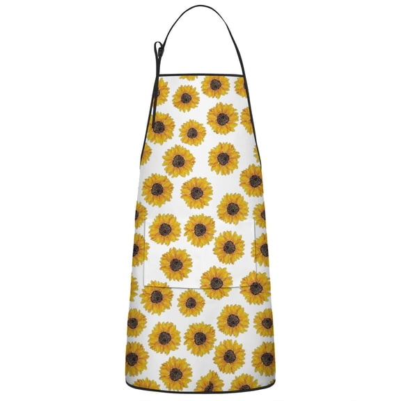 White Small Sunflower Pattern Apron-Garden Aprons for Women with Pockets-Cotton Linen Waterproof Kitchen Cooking Gardening Aprons Adjustable for Kitchen,Cooking,BBQ and Salon 33x27 Inch