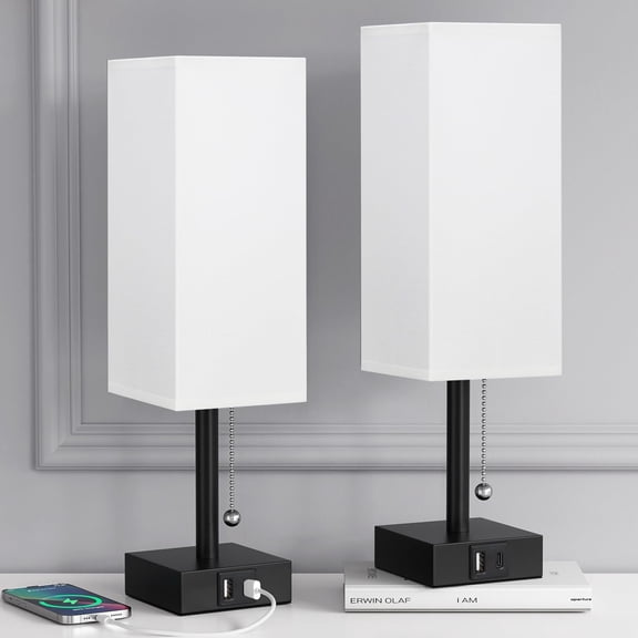 White Small Table Lamp for Bedroom - 3 Color Temperature 3000K 5000K 4000K Bedside Lamp, Pull Chain Control, USB A and C Ports, Pure Gold Color Base, Bulb Included