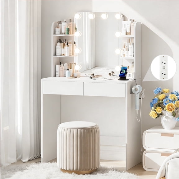 White Small Vanity Desk with Lighted Mirror and Power Outlet, Pipleo 31.5" Makeup Table with 2 Drawers & 6 Storage Shelves, Women Girls Vanity for Small Space, Easy Assembly