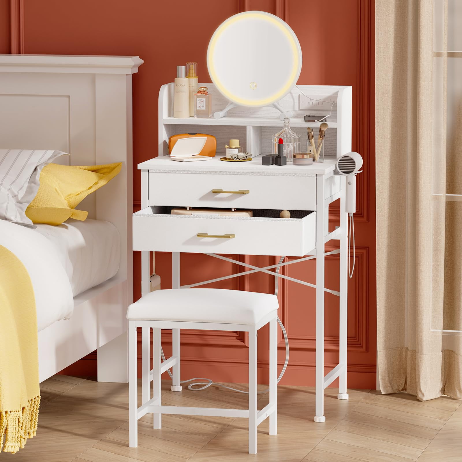 White Small Vanity Desk Set with Lighted Mirror and Chair, Makeup