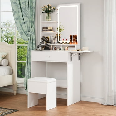 Haewon 25.4" White Small Vanity Desk with LED Light Mirror & Power Outlet , Makeup Vanity with Foldable Panel, Vanity Set with Stool for Bedroom