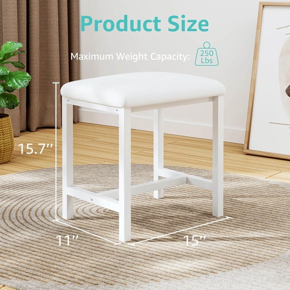 White Small Vanity Stool, Cushioned Makeup Chair for Small Spaces, Ottoman Footrest or Vanity Seat for Bedroom, Living Room, Bathroom, Entryway, Modern Style